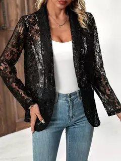 Jaqueta de manga longa de renda feminina, casacos de cor sólida, Design simples oco, Versátil, Moda, Primavera, Verão, Novo, 2024 na internet