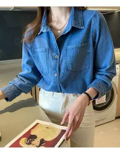 Imagem do Camisa jeans azul retrô feminina, camisa de manga comprida, jaqueta jeans de peito único, camisas monocromáticas, novo design, outono, 2024