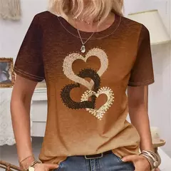 Camiseta estampada com coração feminino, blusa em tamanho grande, moda feminina de verão, camiseta redonda, camisa feminina de manga curta, novo, 2024 - loja online