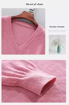 Imagem do Camisola de cashmere manga comprida masculina com decote em v, pulôveres masculinos padrão, saltadores de tricô, roupas monocromáticas, venda quente
