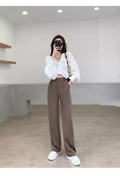Calça feminina de cintura alta até o chão, branca, solta, perna larga, feminina de escritório, reta, roupas longas, senhoras, outono, inverno