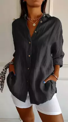 Camisa casual de algodão de linho, top de lapela, gola V, solta, monocromática, escritório, retrô, verão, moda, 2024 na internet