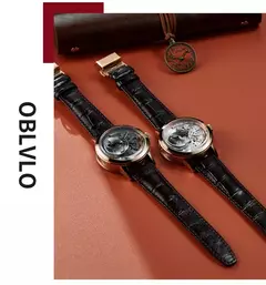 OBLVLO Luxo Retrô Casual Masculino Esqueleto Automático Relógios Mecânico Pulseira Pele de Bezerro Vidro Cristal Mineral Mostrador À Prova D' Água 45 VM na internet