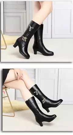 Botas médias de lã confortáveis para mulheres, salto grosso, zíper lateral, - Wolf Magazine