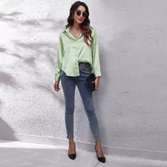 Blusa feminina de cetim manga longa, camisa cetim, tops de seda, vestuário europeu e americano, novo - comprar online