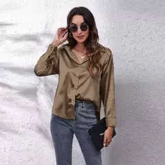 Imagem do Blusa cetim manga comprida feminina, camisa de seda, tops soltos, streetwear elegante, roupas de primavera e outono