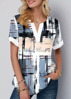 Blusas de manga curta com decote em v para mulheres, camisas casuais estampadas para senhoras, tops chiques básicos, moda verão na internet