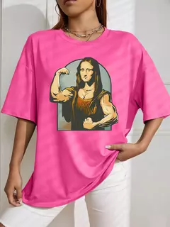 Camiseta de algodão de manga curta feminina, estampa fitness, extragrande, casual, solta, jogando jogadores na Mona Lisa