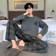 Pijama masculino com gola em o listrado, pijamas de algodão penteado, lounges plus size, outono e inverno, maduro na moda, novo, L a 6XL, 2020 - comprar online