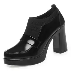 Mocassim de um pedal feminino, salto alto, sapatos de couro macio, fundo grosso, - loja online