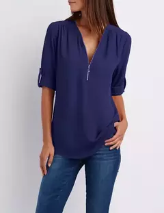 Blusa feminina profunda com gola V, tops femininos, pulôver sexy com zíper, moda casual, camisa solta legal, plus size, venda quente, 2024 - loja online