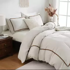 Soft Lightweight Duvet Cover Set, suave cama para baixo, bola Consolador, linha geométrica cama, toda a temporada, branco e cáqui, 3pcs - Wolf Magazine