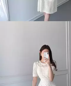 Imagem do Vestido de malha de manga curta feminino, seda gelada, branco, oco Fashion, Celebridade Linha A, Verão, Novo, 2024