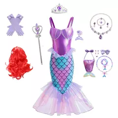 Meninas escala roxa princesa sereia ariel cosplay vestido de halloween vestido de festa de aniversário meninas verão praia vestido de férias - Wolf Magazine
