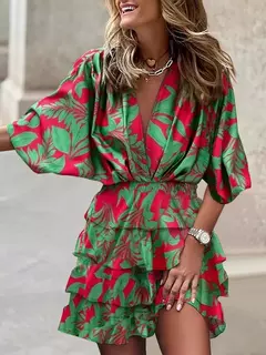 Vestido feminino com decote em v, manga Batwing, babado elegante com renda, mini vestidos de praia, streetwear casual, moda solta, outono, 2024 - Wolf Magazine