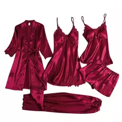 Conjunto de pijama feminino, roupão de seda, roupa de dormir, cami com decote em v, pijamas, pijamas, camisola primavera, 5 peças - Wolf Magazine