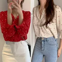 Imagem do Camisa estampada amor com manga pétala, blusa com decote em v, manga comprida, moda doce, primavera e outono