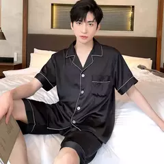 Conjunto de pijama de seda fino masculino, manga comprida e calça curta, pijama, calça para dormir - loja online