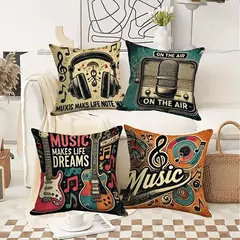 Capas de almofada de música retrô, 4 unidades, flanela de poliéster cinza, guitarra e fone de ouvido, capas de almofada com zíper para sofá/cama na internet