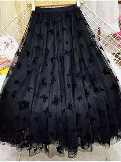 Borboleta Flocagem Tule Saia Longa Mulheres Estética Casual A Linha Elástico De Cintura Alta Midi Malha Saia Feminina Preto - loja online