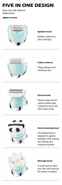 VGR Depiladora Elétrica para Mulheres, Barbeador Feminino, Removedor de Pêlos Corporais e Pernas, Lady Bikini Trimmer, Massagem de Limpeza Facial, V-703, 5 em 1