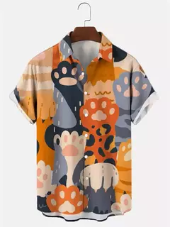 Camisa havaiana dos desenhos animados de anime masculino, Tops de manga curta, roupas casuais masculinas, rua, animais, gatos, retrô, 3D Tees, verão - loja online