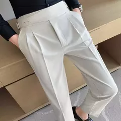 Estilo britânico dos homens de cintura alta vestido casual calça masculina cinto design calças finas formal escritório social vestido de festa de casamento terno calças na internet