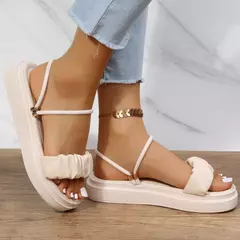 Sandálias Slingback plissadas de design para mulheres, bege, detalhe ruched, dedo do pé aberto, flatform, sapatos diários na internet