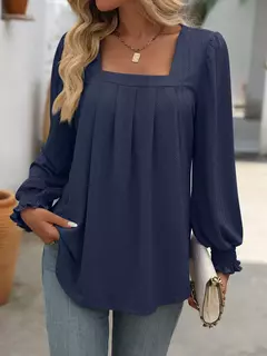 Camiseta feminina casual de manga comprida com gola quadrada, mangas folhada, design plissado, tops de pulôver, camisetas na moda - comprar online