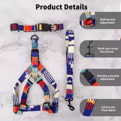 Imagem do Conjunto de três peças de peito e arnês abstrato, padrão geométrico, emenda multicolorida, peito de animal de estimação e coleira de arnês com 1 peça