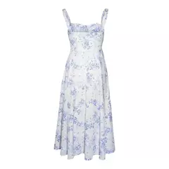 Imagem do Vestido de verão estampado floral, Laço frontal feminino, Gola quadrada, Vestido de coxa dividido, Cinta de praia, Vestido de noite, Novo