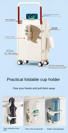 Ampla Handle Mala de Viagem, Carry-On Bagagem Trolley Case, Cup Holder, USB De Carregamento, Cabin Rolling Bagagem, Novo Design, 20";;VERDADEIRO;;"20 ,Black - loja online