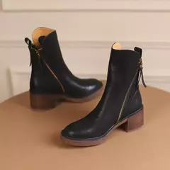 Botas de plataforma chelsea para mulheres, salto robusto, dedo do pé redondo, marrom, ankle boots, salto alto, couro, ao ar livre, novo