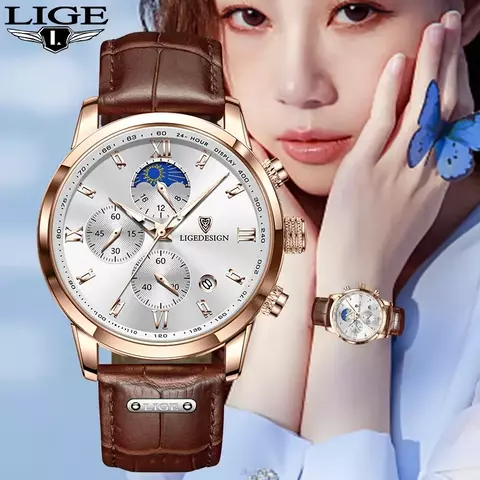LIGE-Relógio de pulso quartzo impermeável feminino, pulseira de couro, relógio esportivo casual, moda luxo, 24 horas