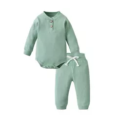 Imagem do Conjunto de roupas para bebê recém-nascido menino e menina, feito de algodão, com nervuras, manga longa, bodysuit e calça, cor sólida