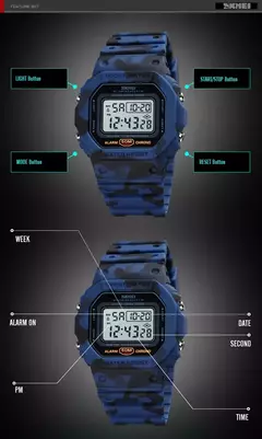 SKMEI-Relógios de pulso militares impermeáveis para homens, 1628 relógio esportivo, display LED, relógio masculino, contagem regressiva digital, 1988