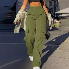 Calça feminina básica de fivela, calça de paraquedas, perna reta sólida, bolsos grandes, moletom Y2K folheado com tudo o que combina, roupa de rua chique