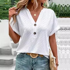 Imagem do Blusa feminina com botão monocromático com decote em v, camisas soltas, manga curta, tops femininos grandes, blusa jacquard casual, verão, nova moda, 2023