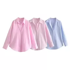 TRAF-Blusa Oxford de Algodão Single-Breasted Feminina, Camisa Manga Longa, Tops Chiques, Lapela, Roupa de Rua, Senhoras, Moda - loja online