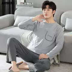 Pijama de algodão estampado urso masculino, calça xadrez manga comprida, roupa de dormir casual, plus size, 4XL, outono, inverno, novo - loja online