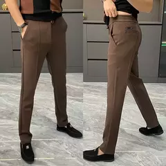 Calça reta masculina com bolsos e zíper, terno monocromático, casual e simples, social e para escritório, tendência da simplicidade, tendência da simplicidade, primavera e outono - Wolf Magazine