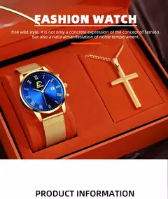 Homens de aço inoxidável malha cinto relógio de quartzo, calendário relógios, colar masculino, relógio de pulso, ouro, luxo, negócios, moda, 2pcs set na internet