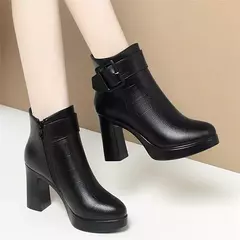 Botas de salto alto grossas pretas femininas, botas de couro elegantes, decoraç - Wolf Magazine