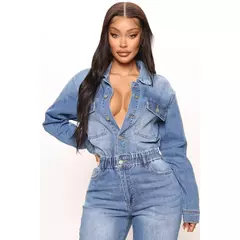 Macacão jeans de peito único feminino, macacão monocromático, macacão lavando bolsos, botão de rua alto, comprimento do tornozelo