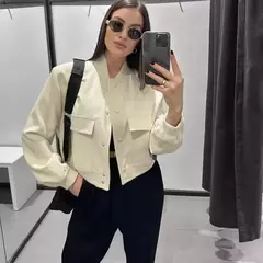 Jaqueta Bomber Cropped feminina, Casaco de manga comprida, Beisebol de botões, Casaco Aviador, Preto, Branco, Outono, Inverno na internet