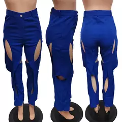 Contraste cor patchwork calças de perna larga, botão de cintura alta, fecho de zíper, oco para fora, calça reta, azul, verde - loja online