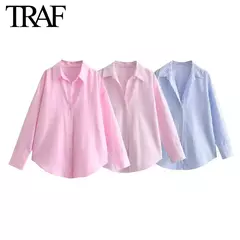 TRAF-Blusa Oxford de Algodão Single-Breasted Feminina, Camisa Manga Longa, Tops Chiques, Lapela, Roupa de Rua, Senhoras, Moda na internet