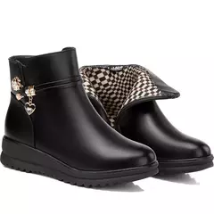 Imagem do Botas de couro de strass para mulheres, sapatos de salto baixo, cabeça redonda,