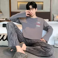 Pijama de algodão de duas peças masculino, calça de manga comprida, traje caseiro, estudante e adolescente, novo outono - loja online