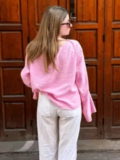 Imagem do Camisas femininas com laço de linho e algodão com renda, blusa solta de manga longa com decote V profundo, blusa casual feminina, primavera e verão